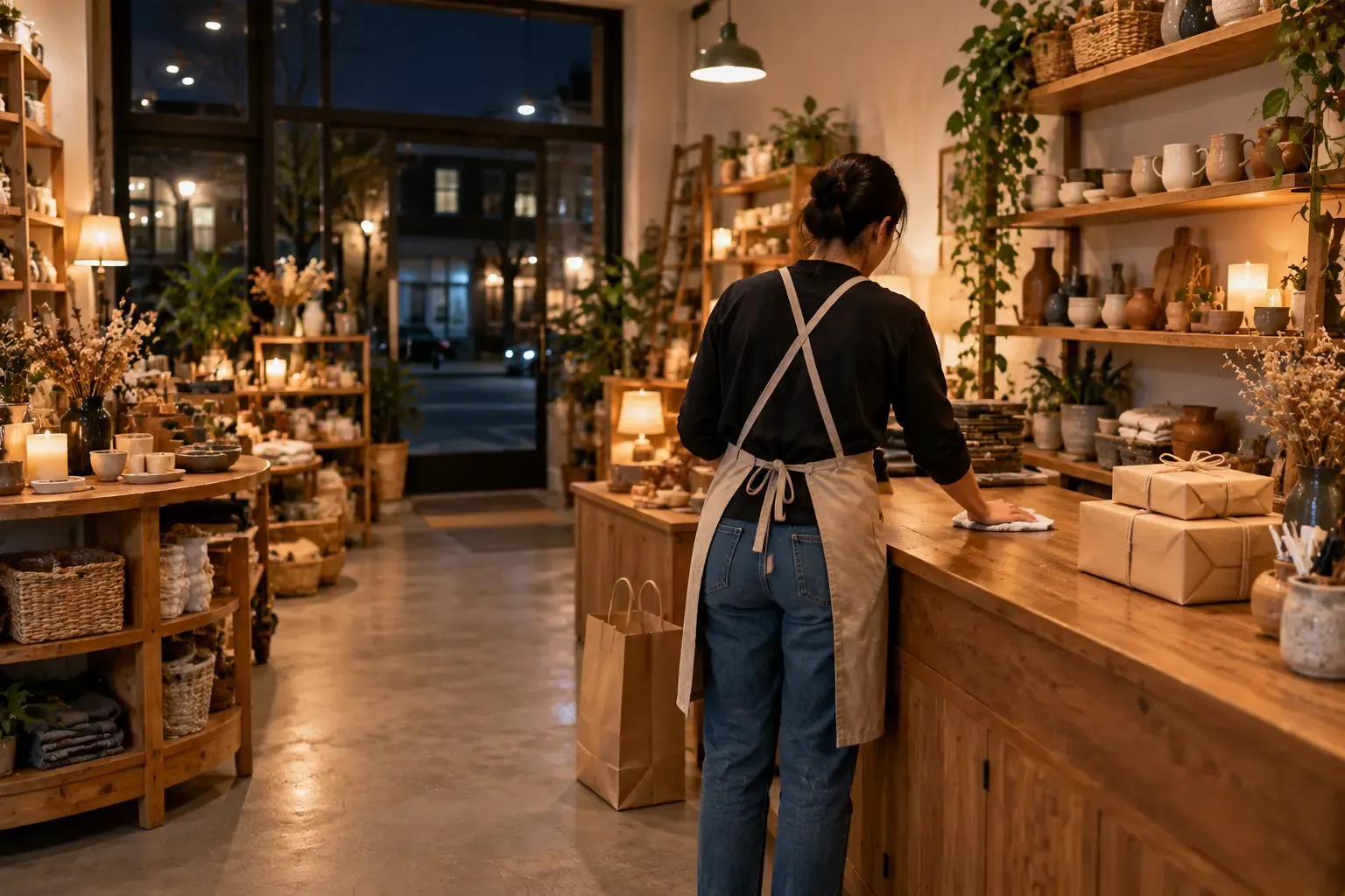 At closing time, a shop worker wipes the wooden counter in a small gift shop full of handmade goods.