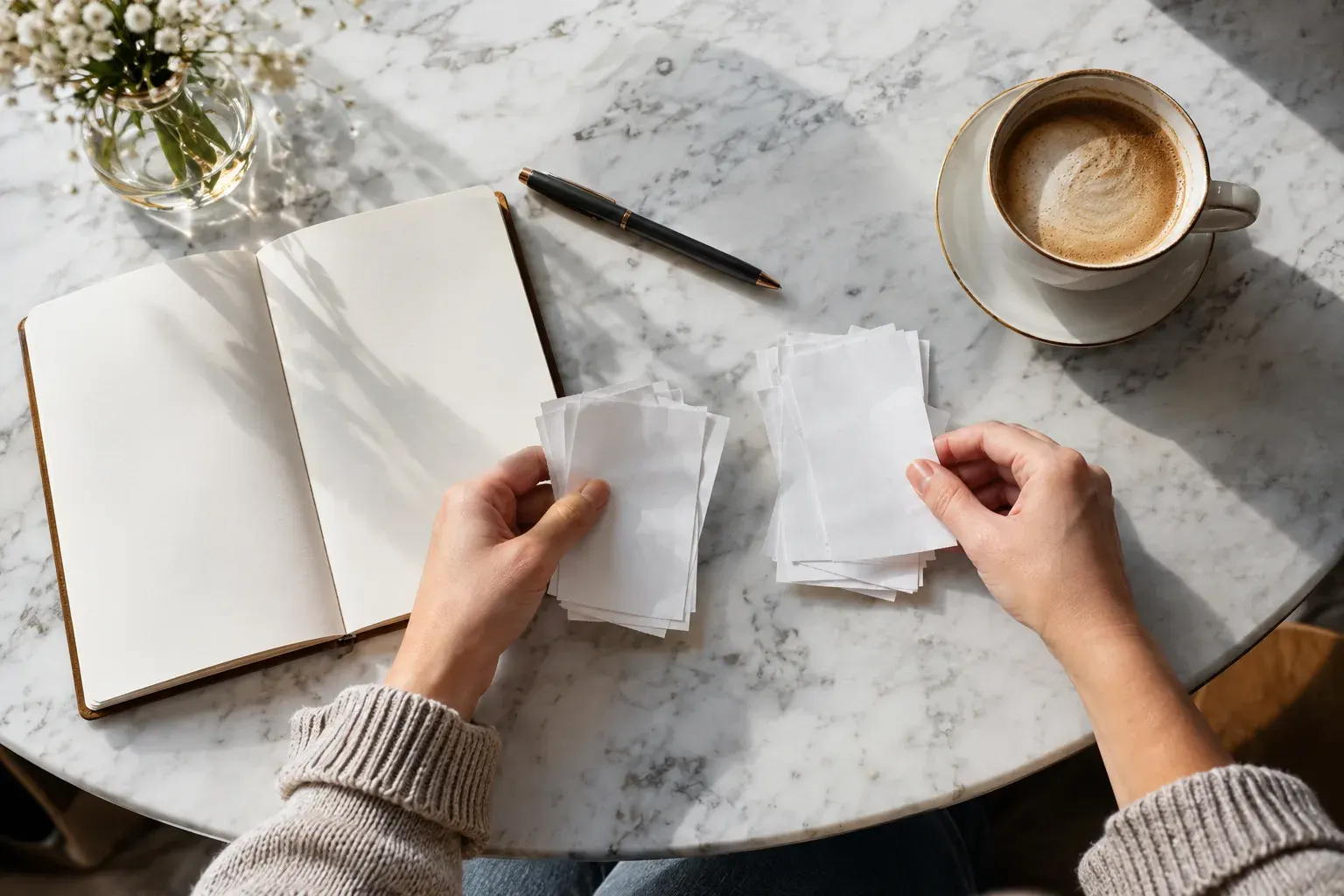 Hands sort blank receipts into two piles on a marble café table beside a notebook and a cup of coffee.