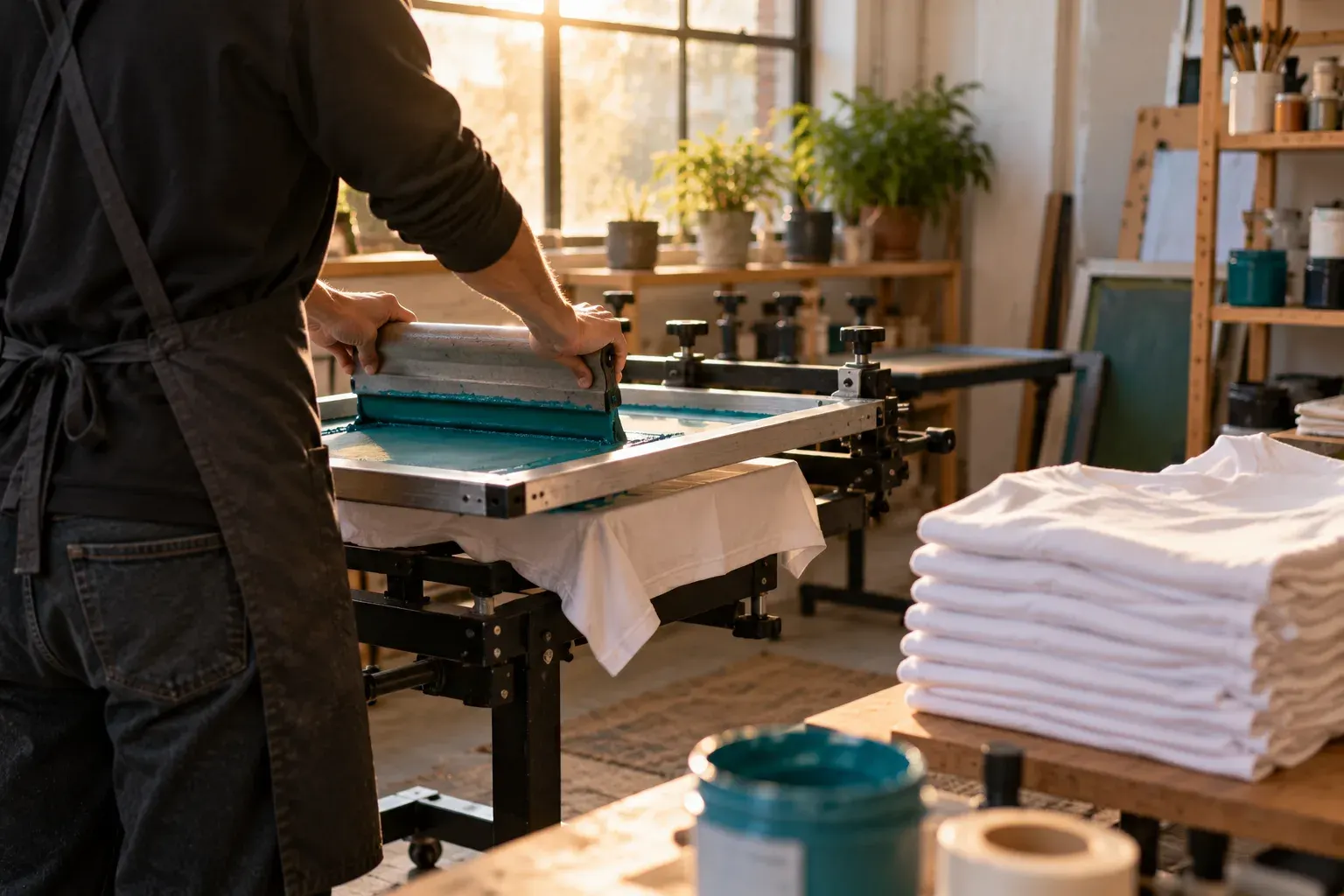 A printer pulls ink across a screen on a printing press, next to a stack of folded white t-shirts.