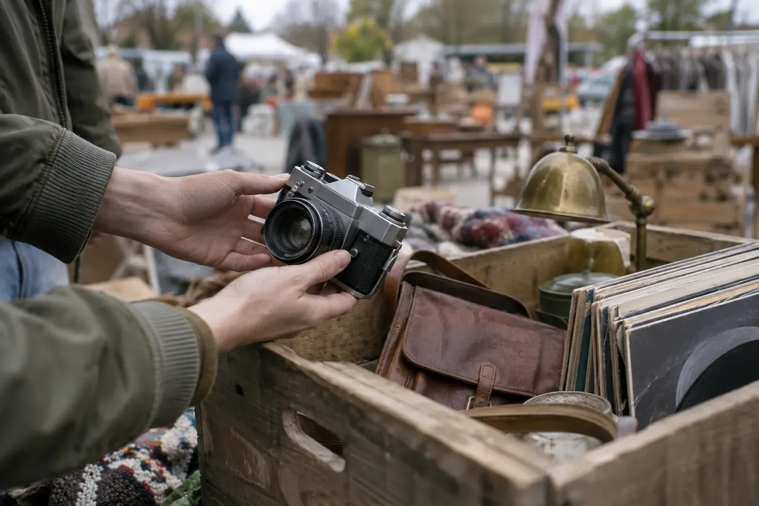 At an outdoor flea market, hands lift an old film camera out of a wooden crate of second-hand things.