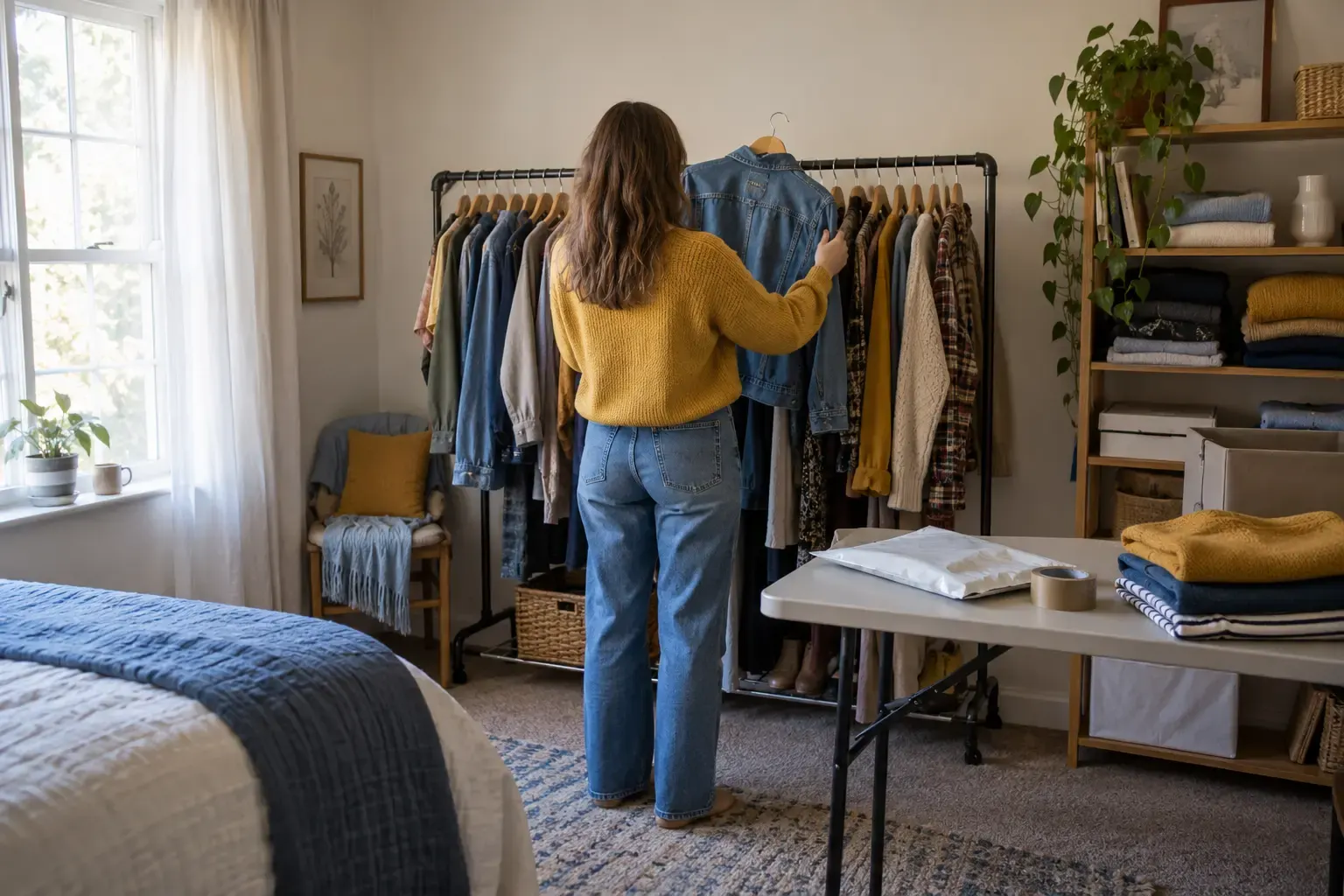 In a spare bedroom used as a stock room, a person takes a denim jacket off a rail of second-hand clothes.